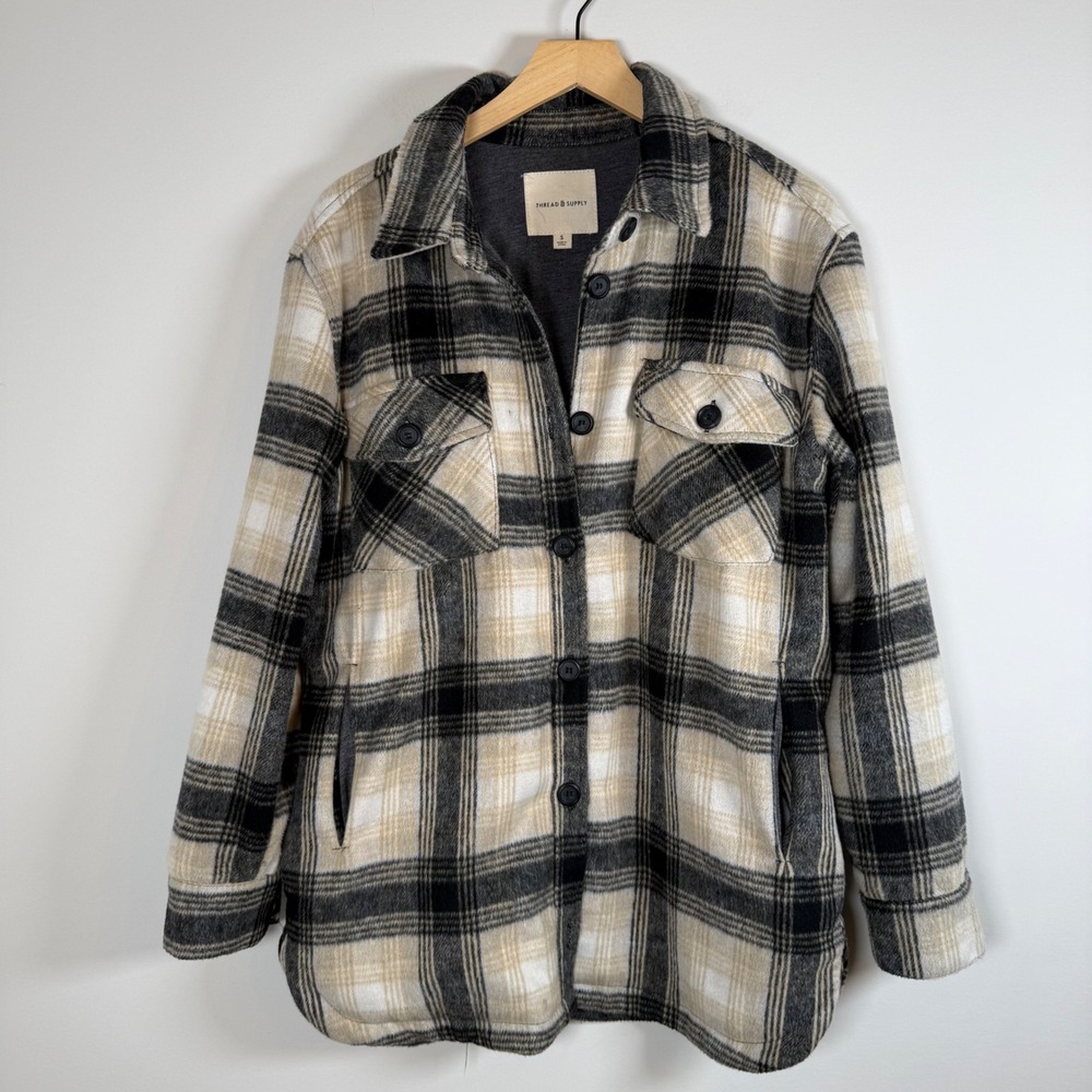 Thread & Supply Plaid Button Up Flannel Shacket Shirt Jacket Size Small Neutral